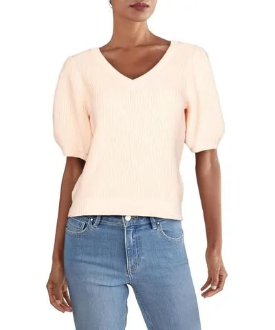 525 America Womens Puff Sleeve V-Neck Pullover Sweater