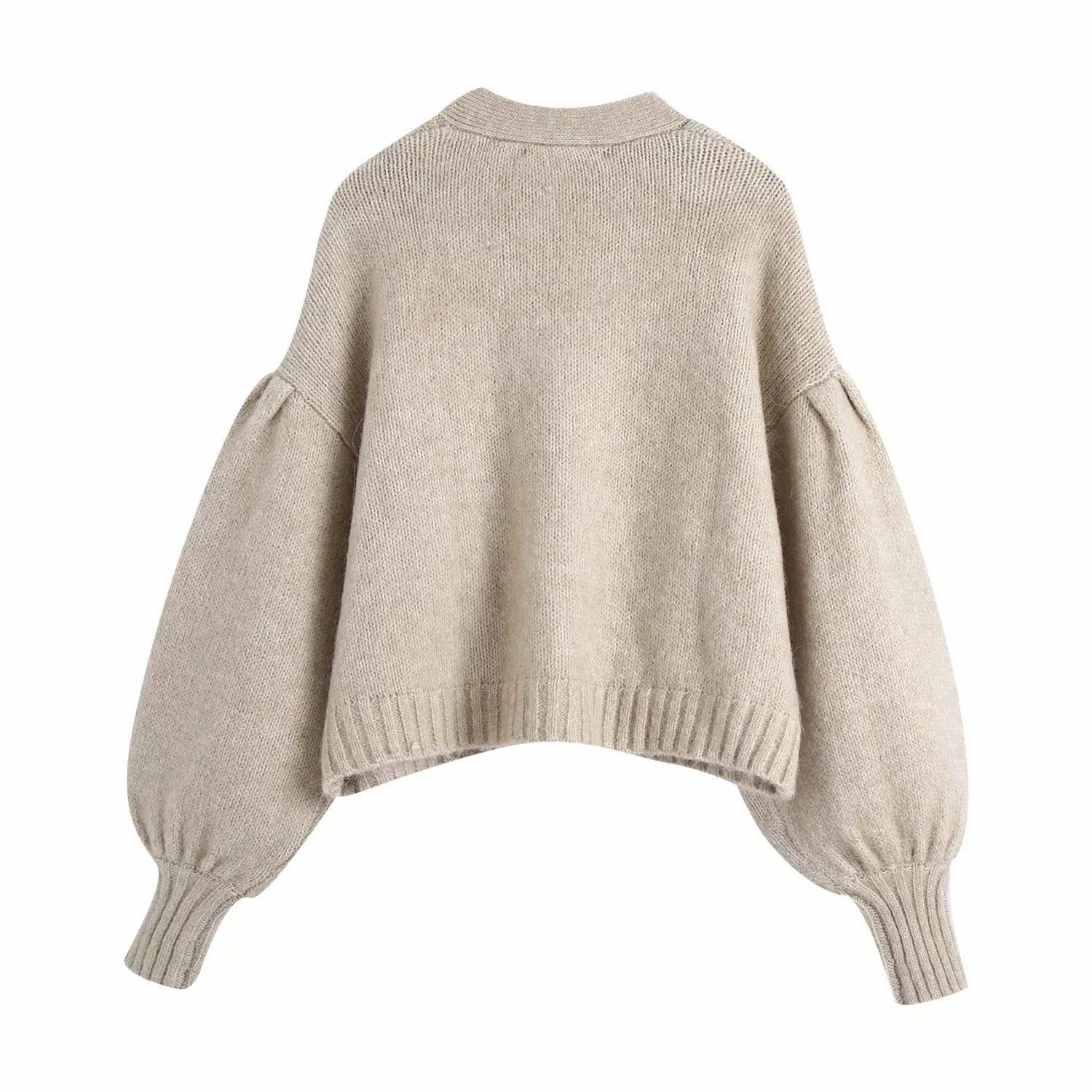 Beige Cozy Loose Sleeve Sweater With Rhinestone Buttons