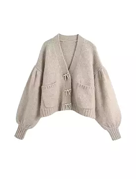 Beige Cozy Loose Sleeve Sweater With Rhinestone Buttons