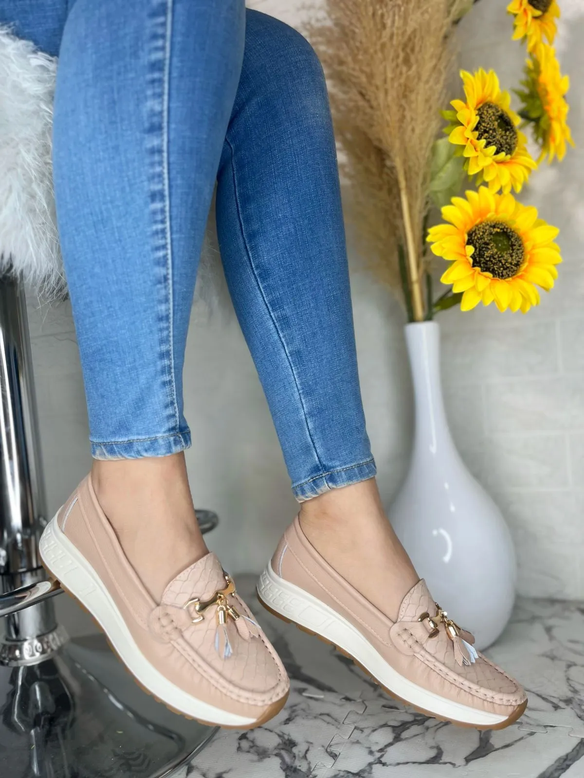 Beige Loafers with Tassel Details