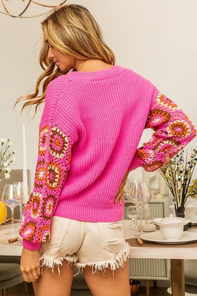 BiBi V-Neck Crochet Long Sleeve Sweater