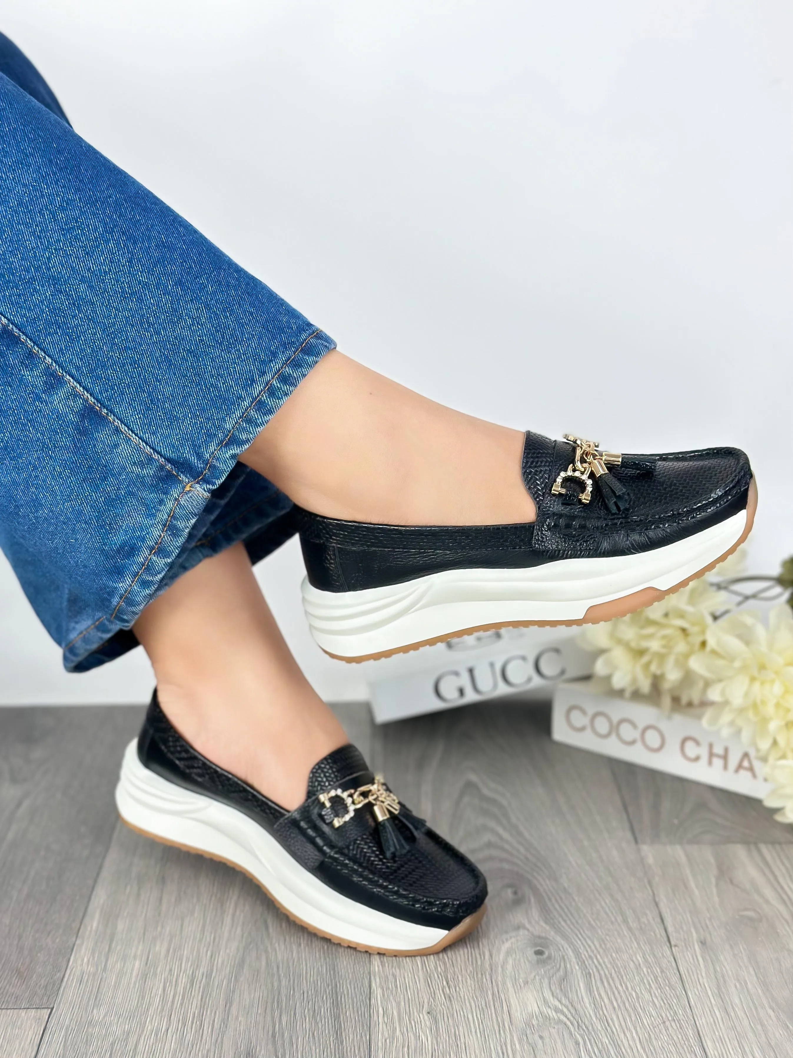 Black Leather Platform Loafers