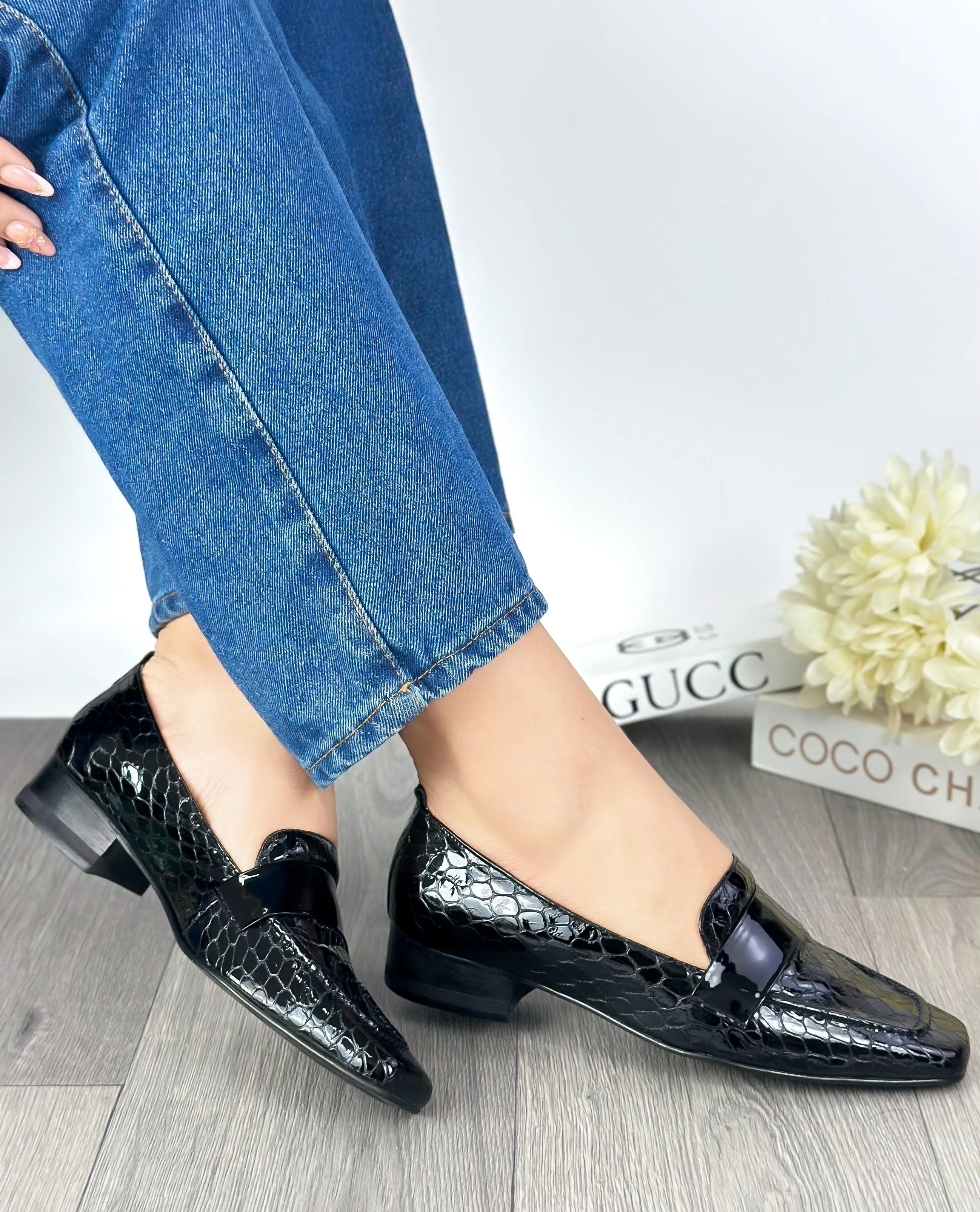 Black Patent Croc-Embossed Loafers