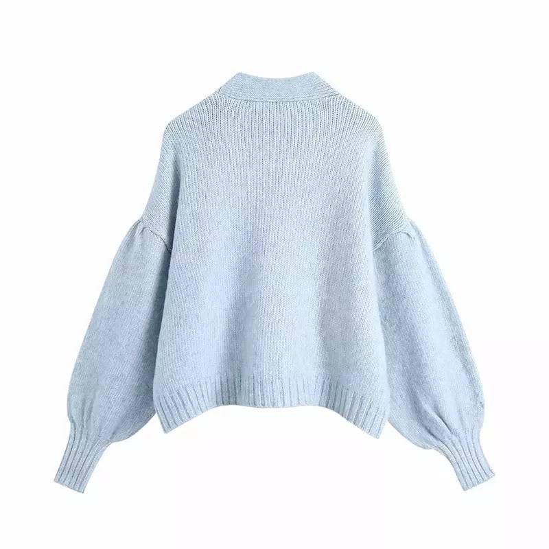 Blue Cozy Loose Sleeve Sweater With Rhinestone Buttons