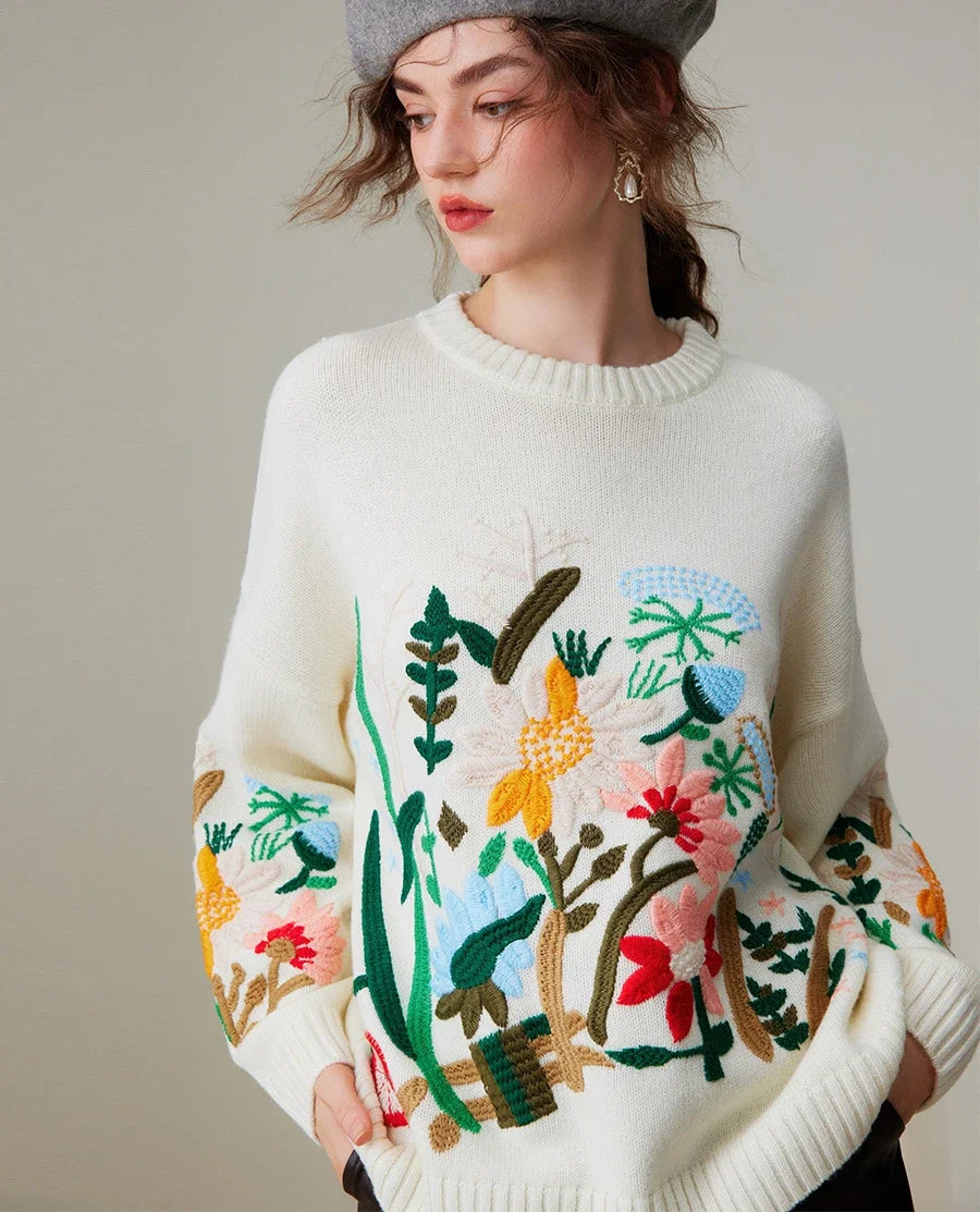 Boho Flower Sweater Casual Spring Pullover Coat O-neck Long Sleeve Sweater Jumper