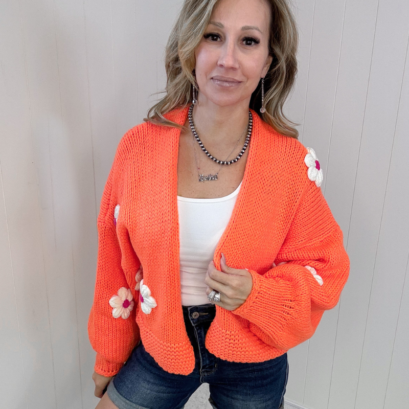 Bright Orange Flower Chunky Sweater Knit Cardigan