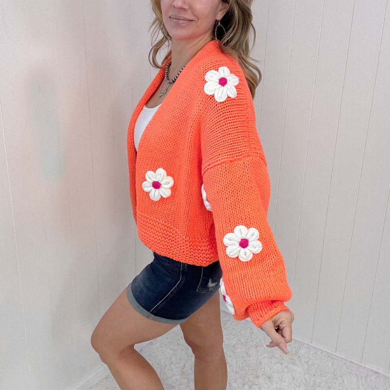 Bright Orange Flower Chunky Sweater Knit Cardigan