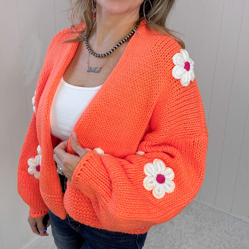 Bright Orange Flower Chunky Sweater Knit Cardigan