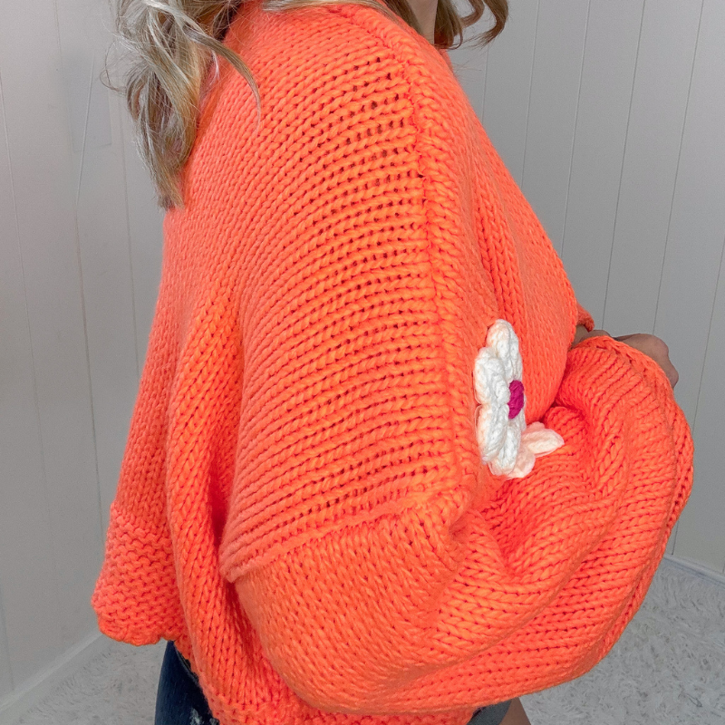 Bright Orange Flower Chunky Sweater Knit Cardigan