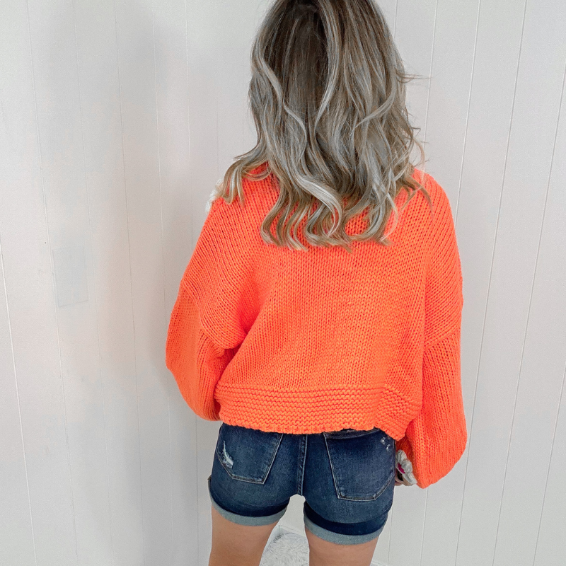 Bright Orange Flower Chunky Sweater Knit Cardigan