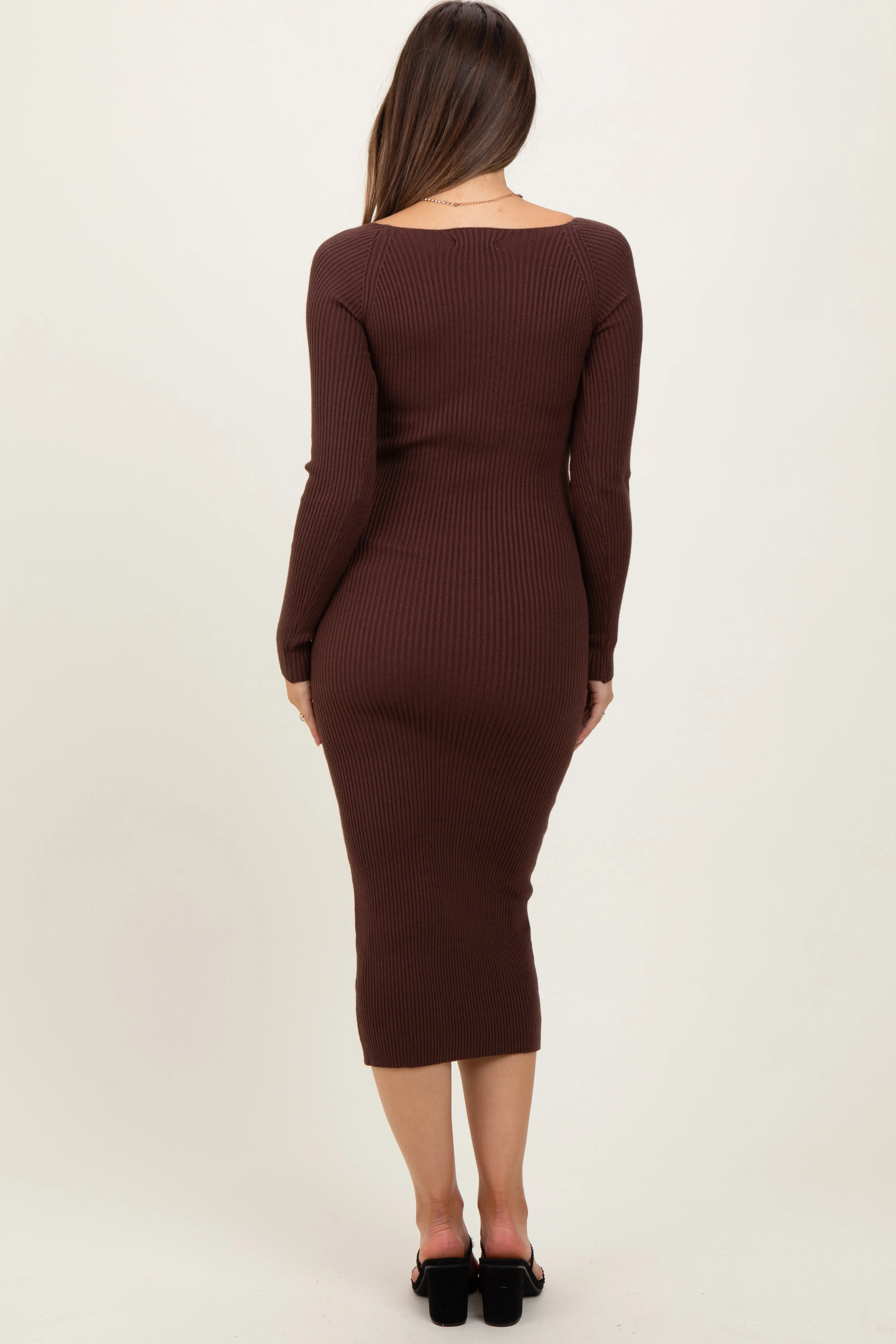 Brown Deep V-Neck Maternity Midi Sweater Dress