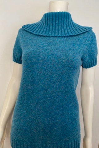 Chanel 07A 2007 Fall Short Sleeve Turquoise Pullover Turtleneck Sweater Top Blouse FR 40 US 6/8