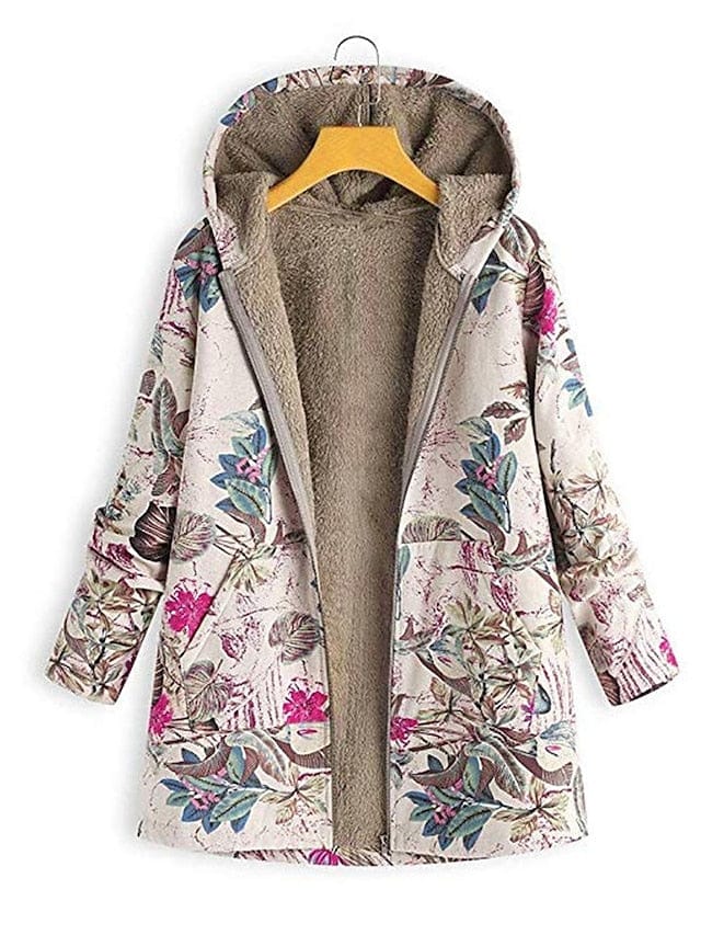 Cozy Pink Sherpa Hooded Jacket with Tree/Leaves Pattern