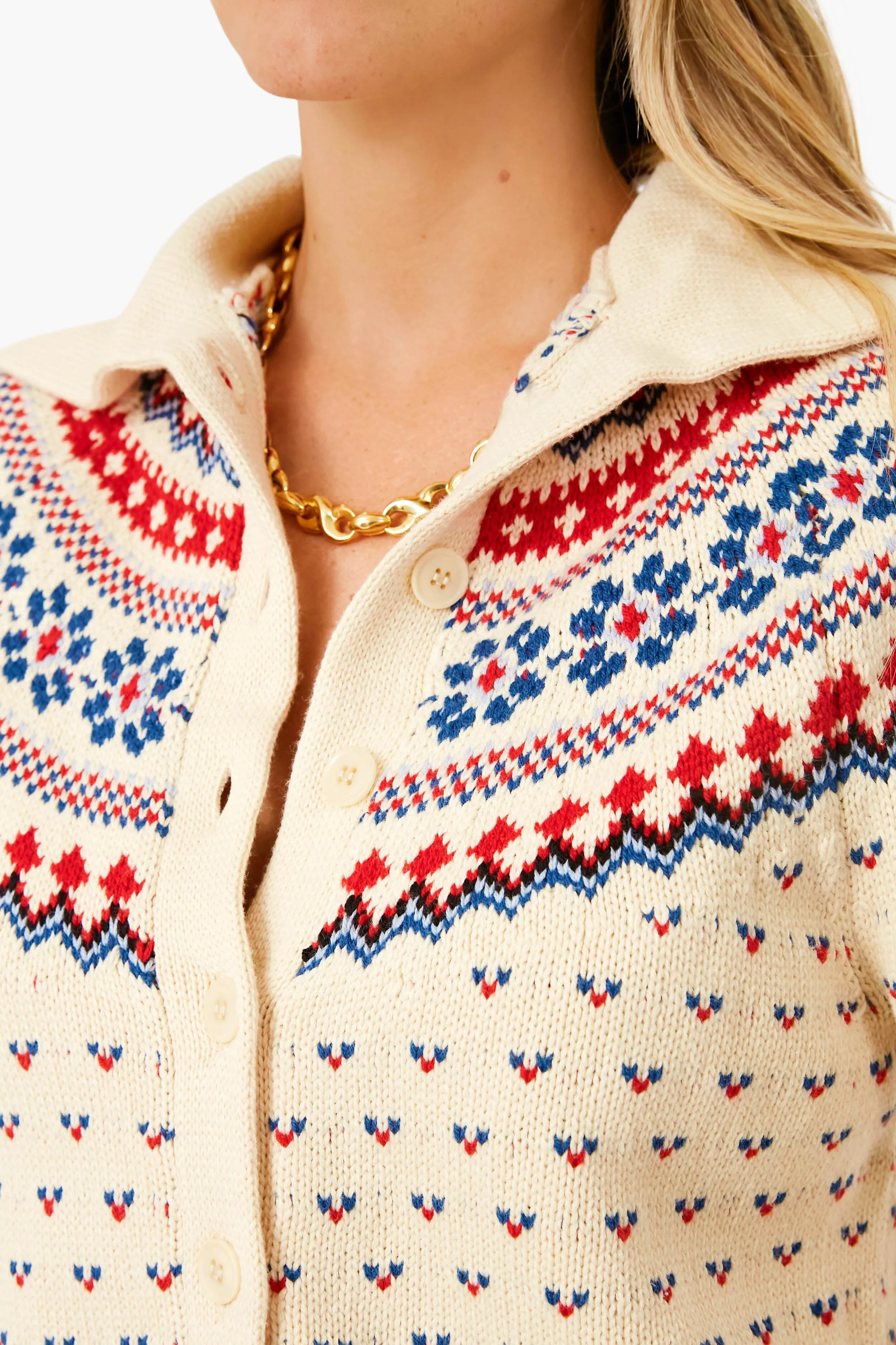 Cream Floral Fairisle Mini Collar Cardigan