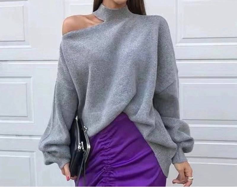 Cut Out Shoulder High Neck Knit Sweater