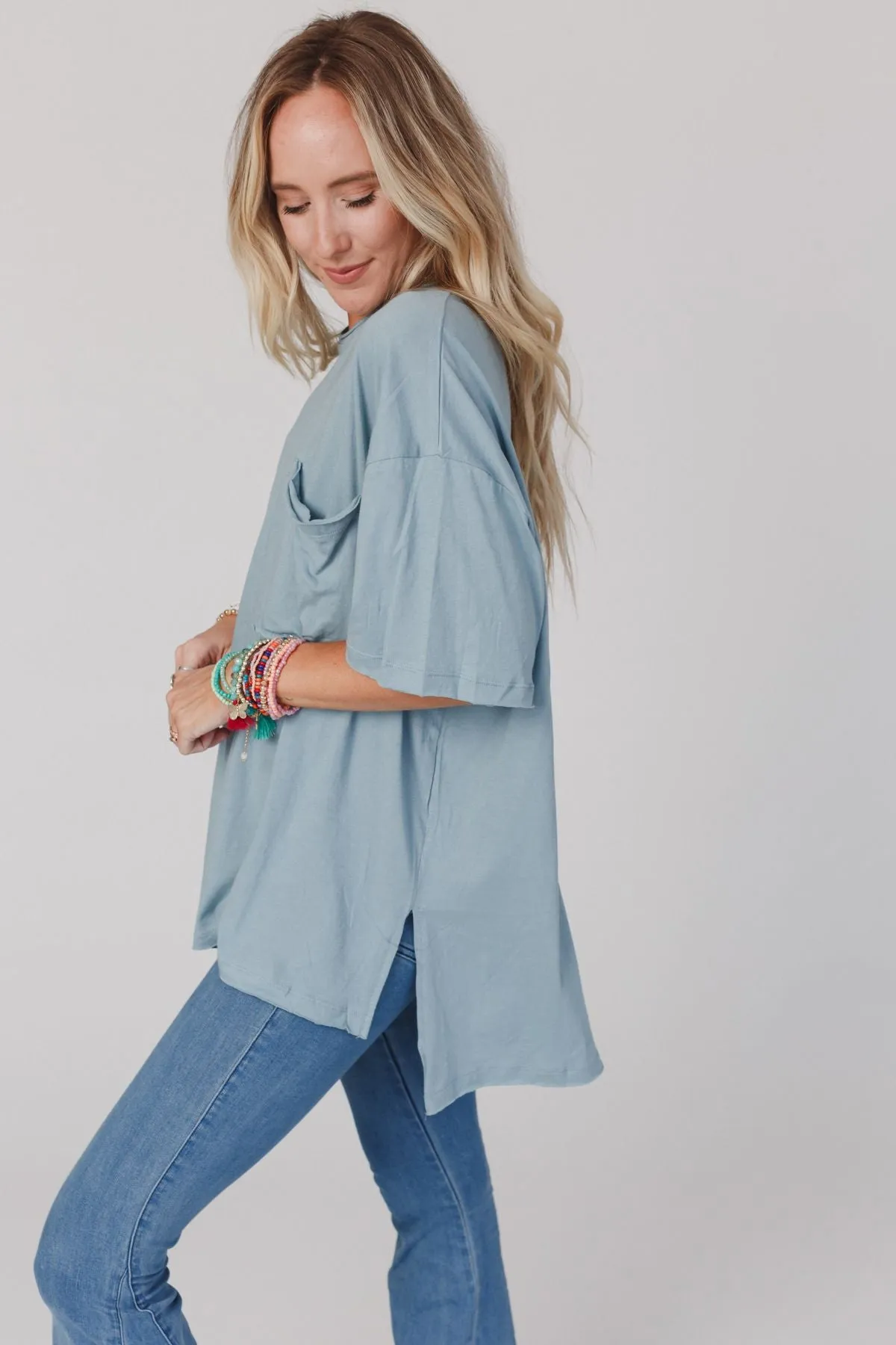 Delaney Oversized Raw Edge Tee - Blue Gray