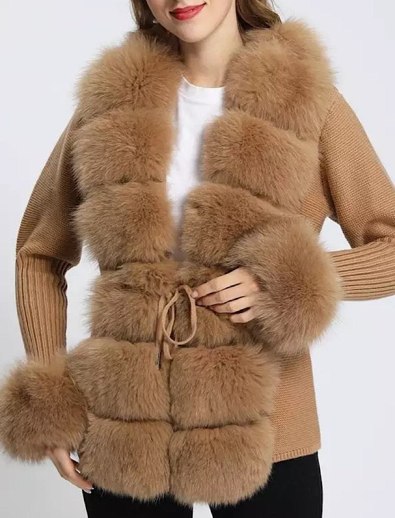 Detachable Fox Fur Trimmed Ribbed Knit Sweater