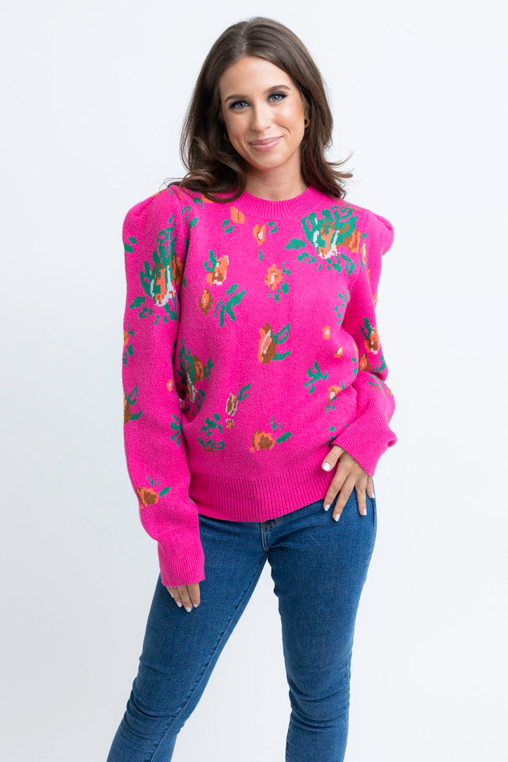 Floral Puff Sleeve Crew Sweater