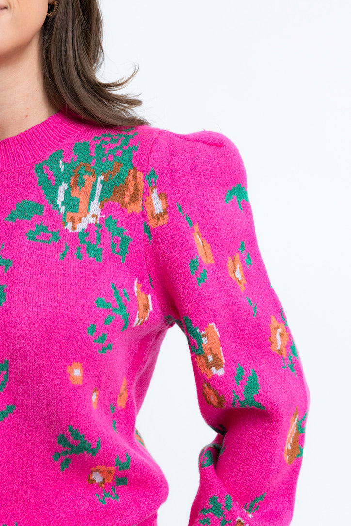 Floral Puff Sleeve Crew Sweater