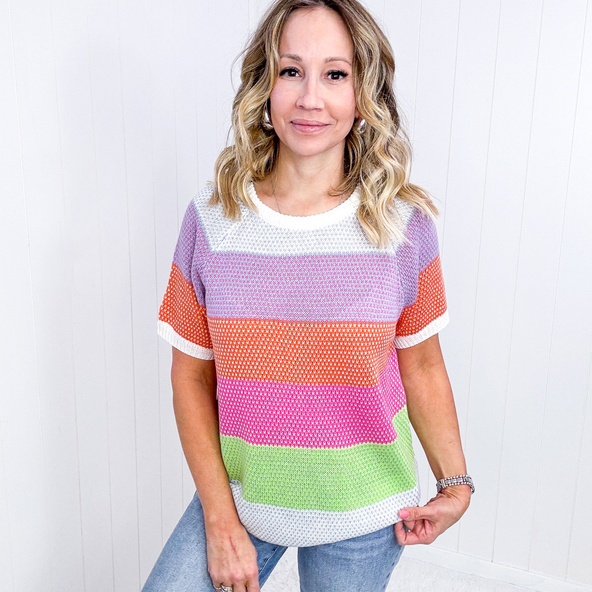 Get Started Lavender and Orange Stripe Short Sleeve Sweater Top