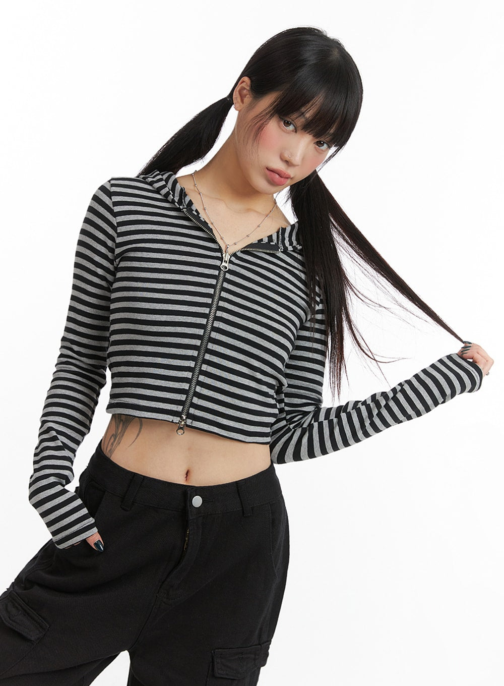 Grunge Slim Fit Stripe Crop Zip-Up Hoodie IJ410