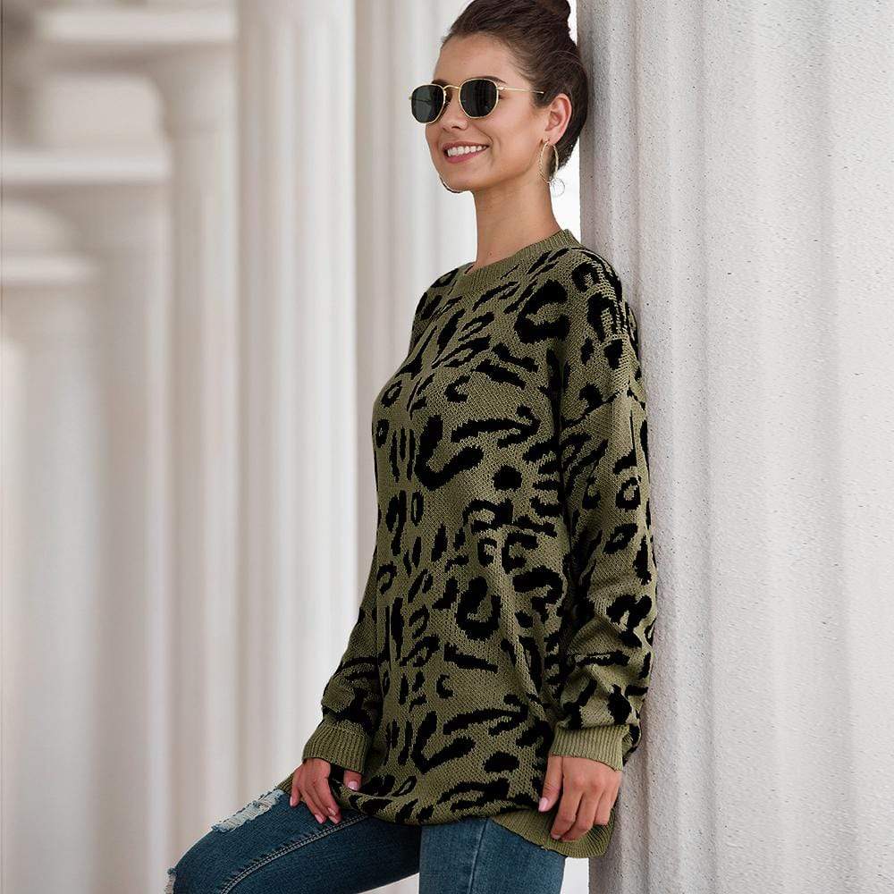 Haute Edition Leopard Print Tunic Length Crew Neck Pullover Thick Knit Sweater