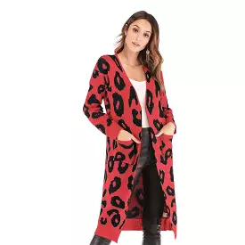 Haute Edition Open Front Long Length Sweater Knit Leopard Print Cardigan