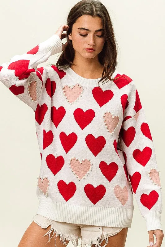 Heart Pattern Pearl Detail Knit Sweater