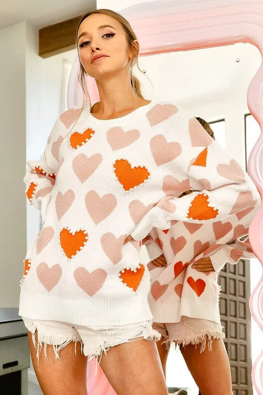 Heart Pattern Pearl Detail Knit Sweater