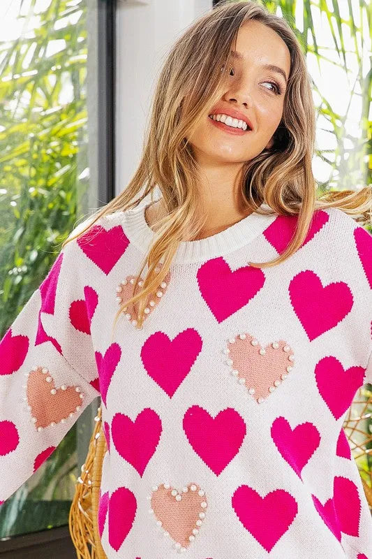 Heart Pattern Pearl Detail Knit Sweater