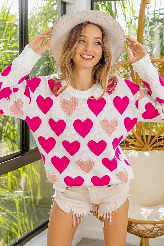 Heart Pattern Pearl Detail Knit Sweater