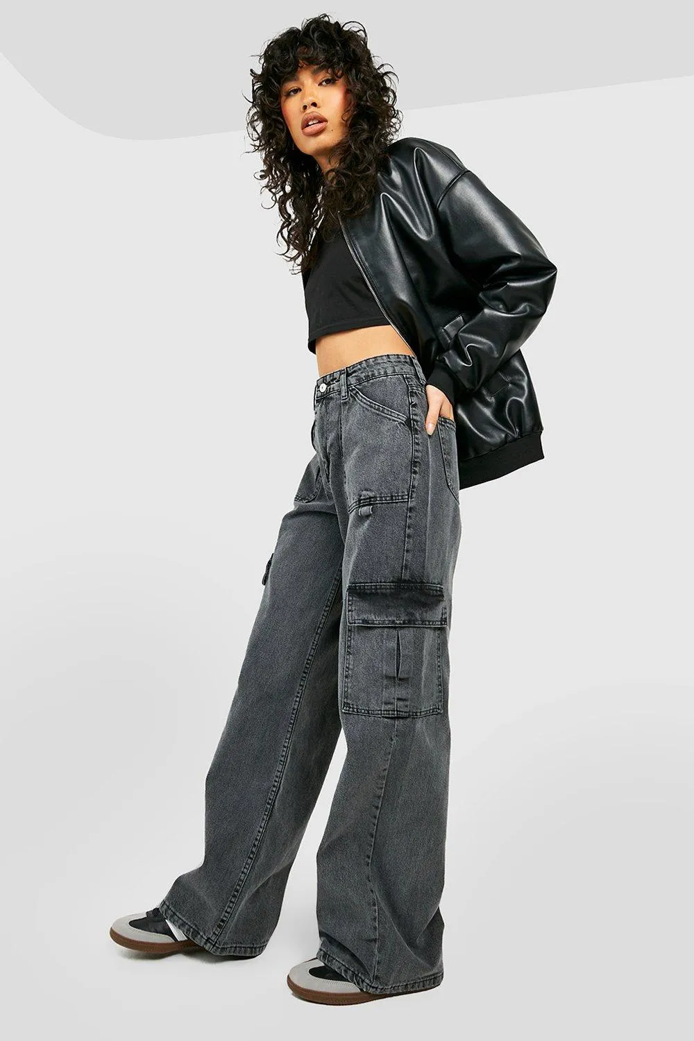 High Rise Washed Cargo Wide Leg Jeans