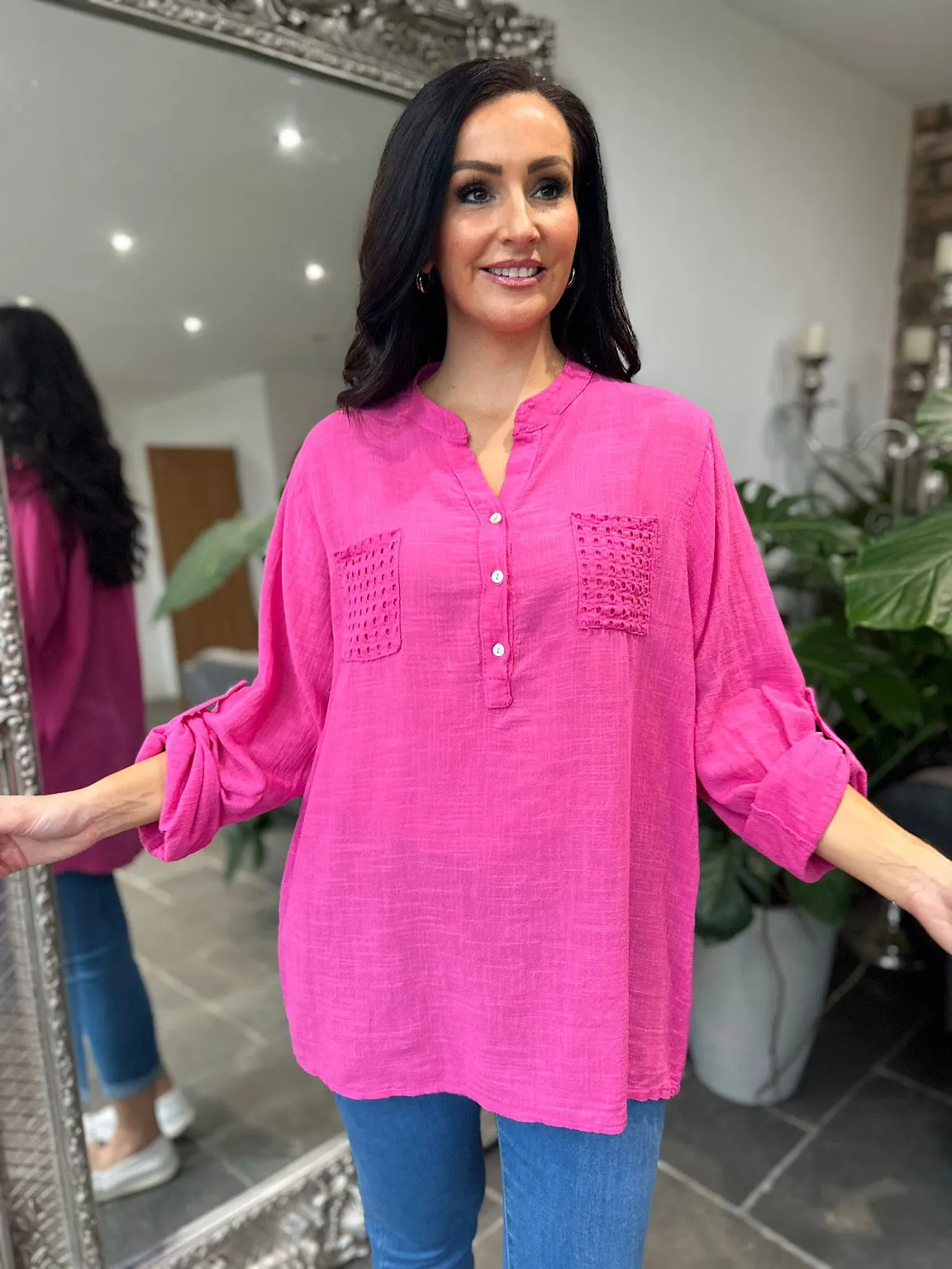 Lipstick Pink Multi Hole Button Sleeve Blouse Val