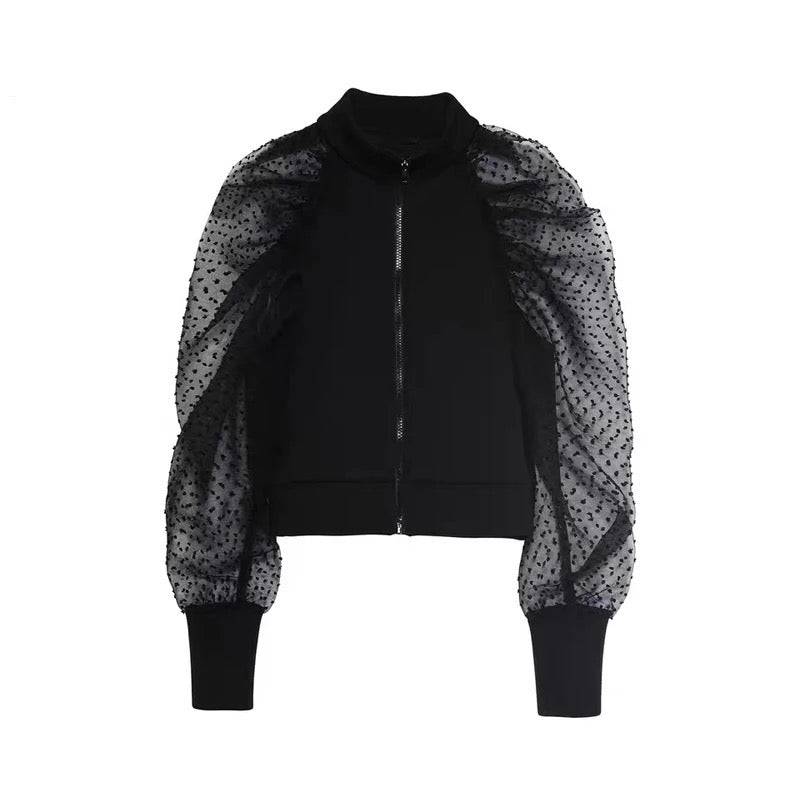 Mesh Sleeve Full Zip Up High Neck Sweater