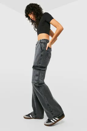 Mid Rise Washed Wide Leg Cargo Jeans