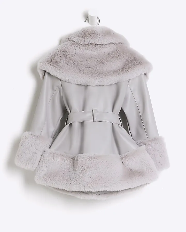 Mini Girls Grey Faux Fur Belted Coat