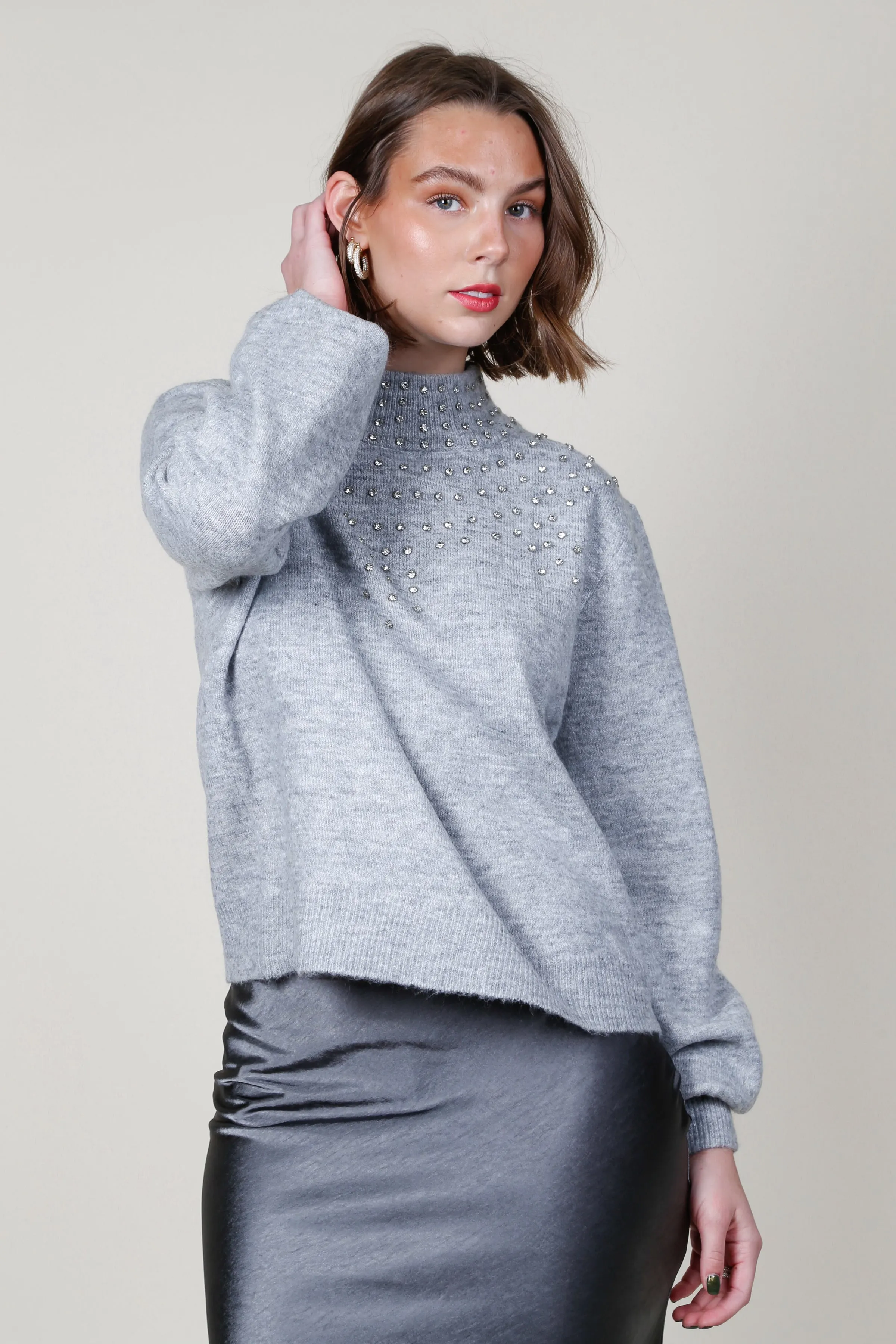 Mock Neck Long Sleeve Embellished Sweater - Grey