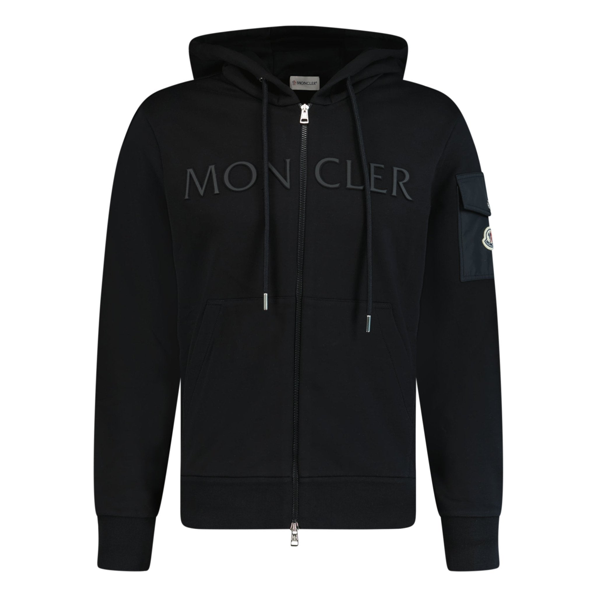 MONCLER LOGO PATCH ZIP FRONT HOODIE BLACK