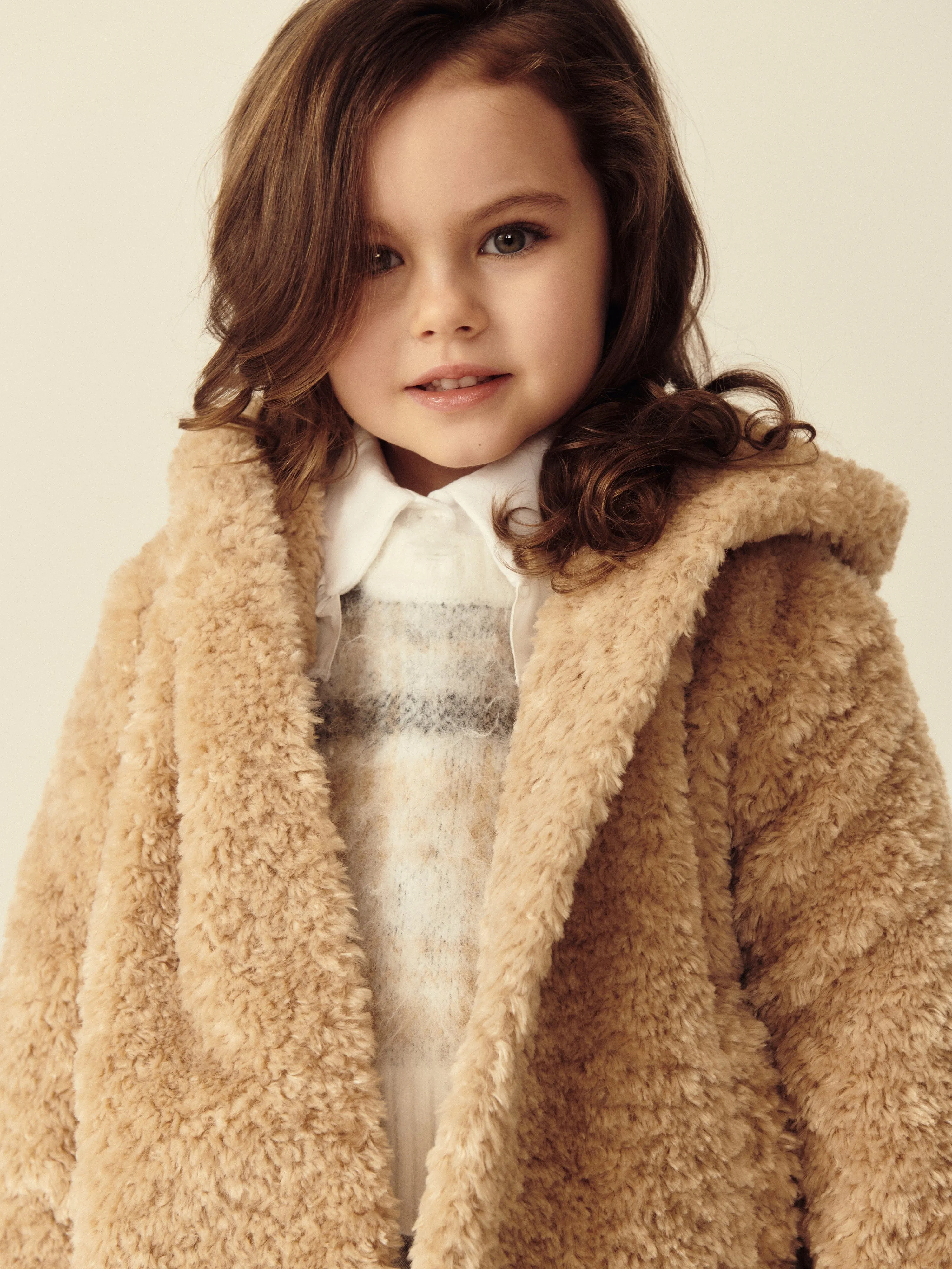 Monnalisa Girls Plush Faux Fur Jacket in Beige