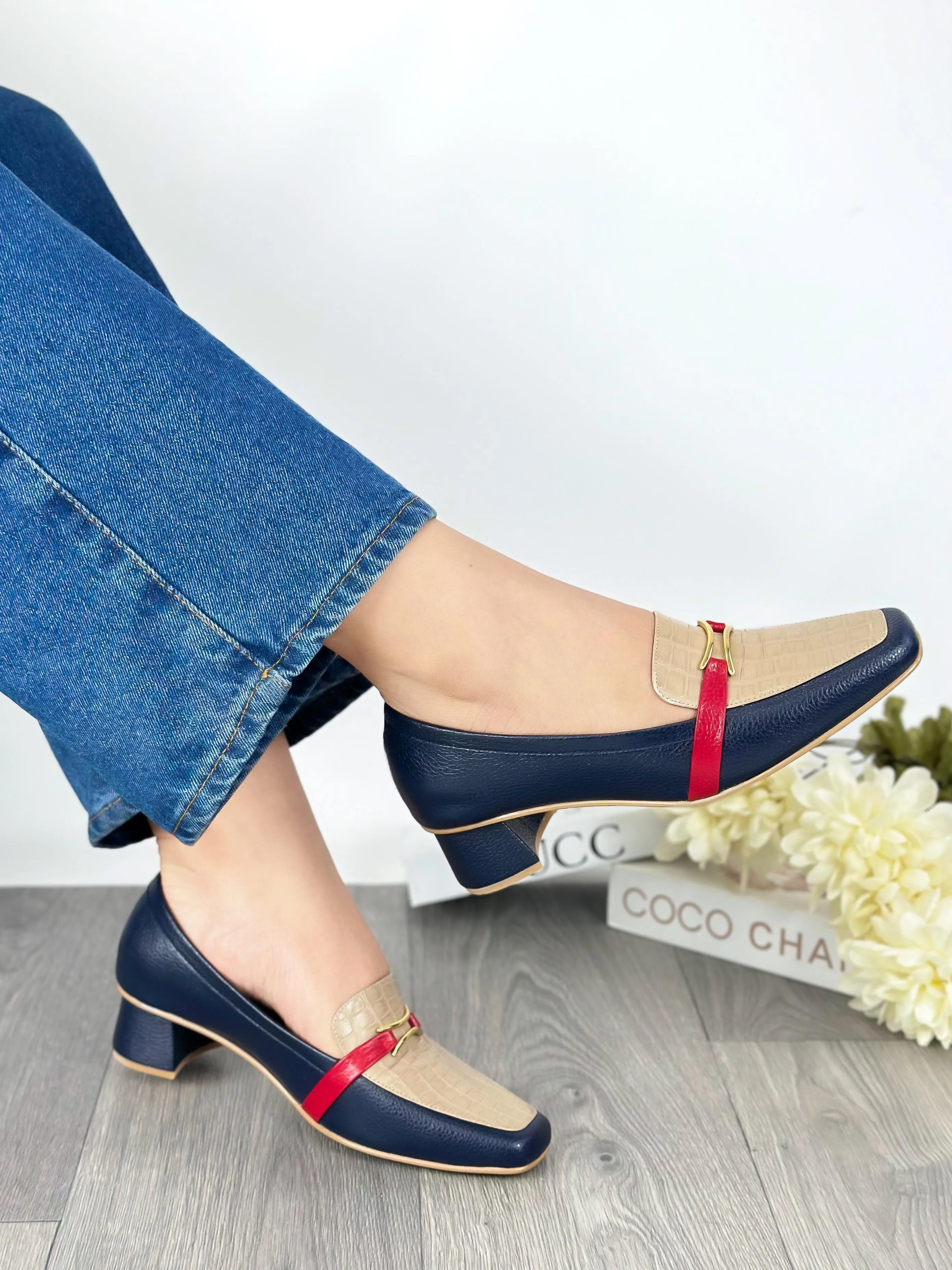 Navy Beige Loafers Red Accent