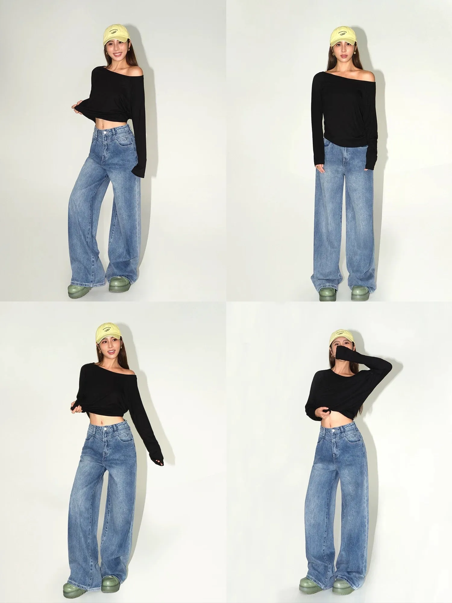 NEVA HU blue retro wide-leg jeans for women 2024 new loose straight-leg floor-length pants slimming trousers