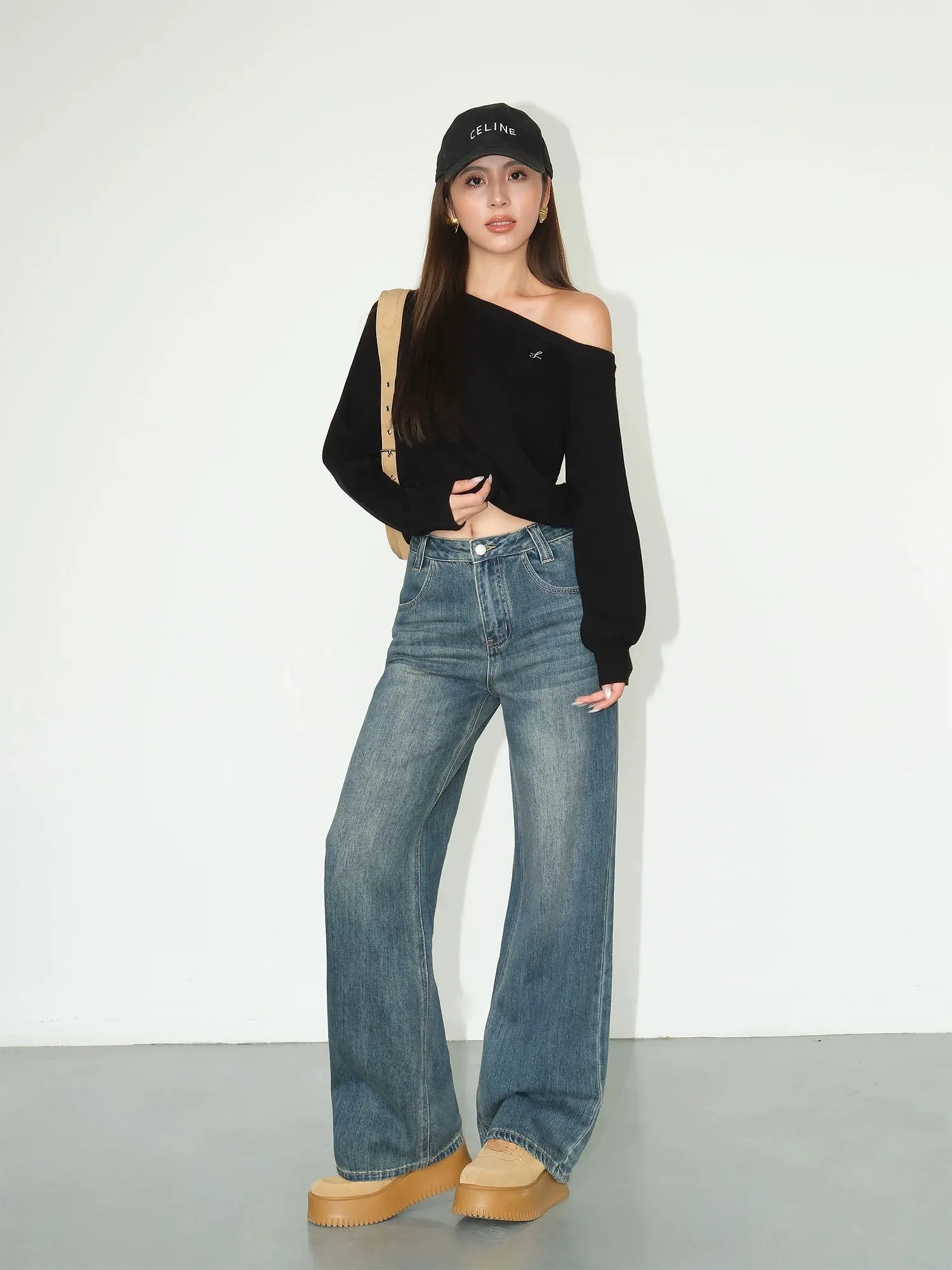 NEVA HU retro wide-leg jeans for women 2024 new high-waisted loose straight-leg slimming and drapey floor-length pants