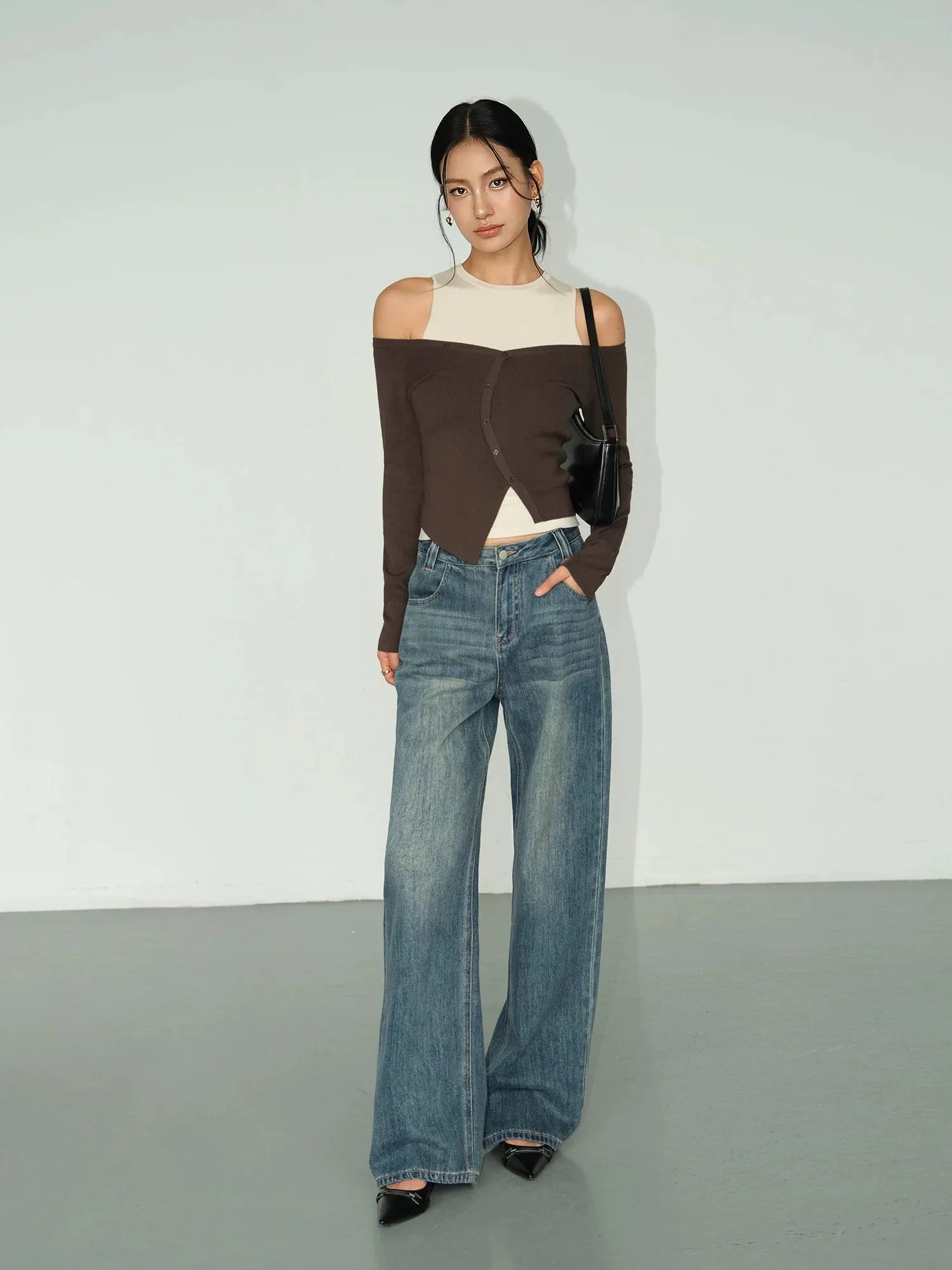 NEVA HU retro wide-leg jeans for women 2024 new high-waisted loose straight-leg slimming and drapey floor-length pants