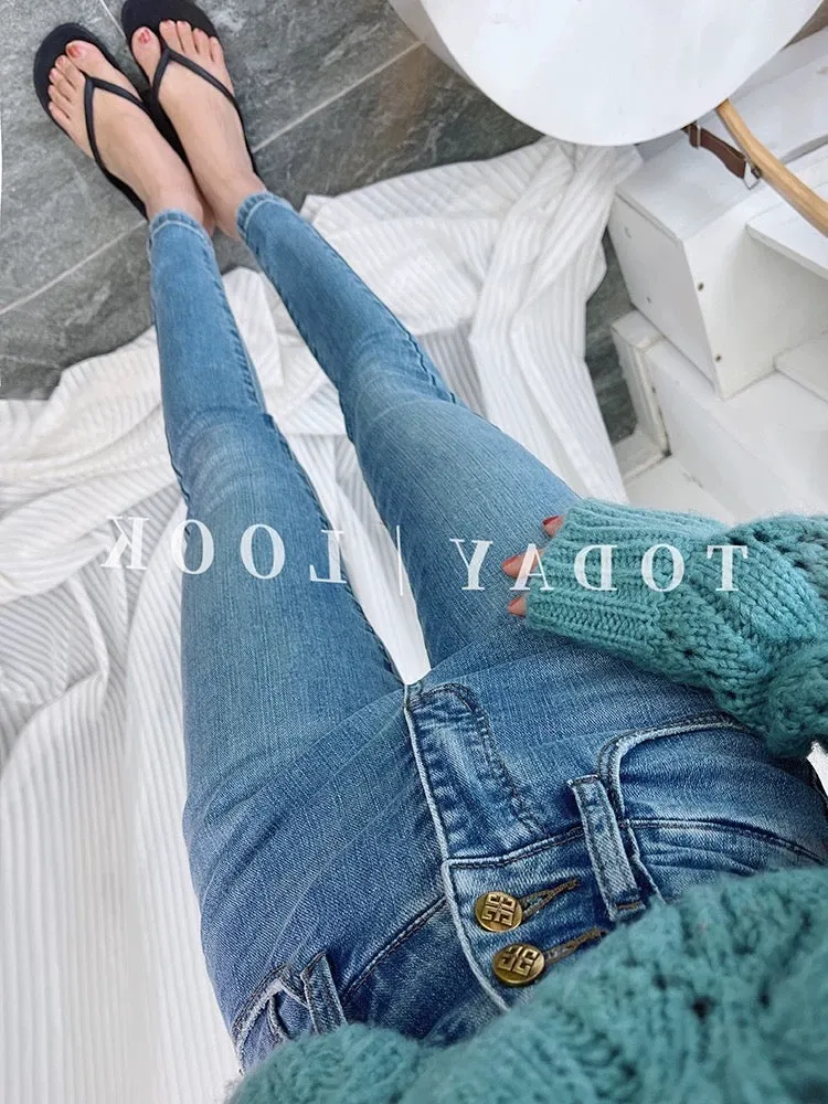 nice! Fresh denim blue petite nine-point jeans for women, stylish breasted, fashionable stretchy high-waisted petite pants