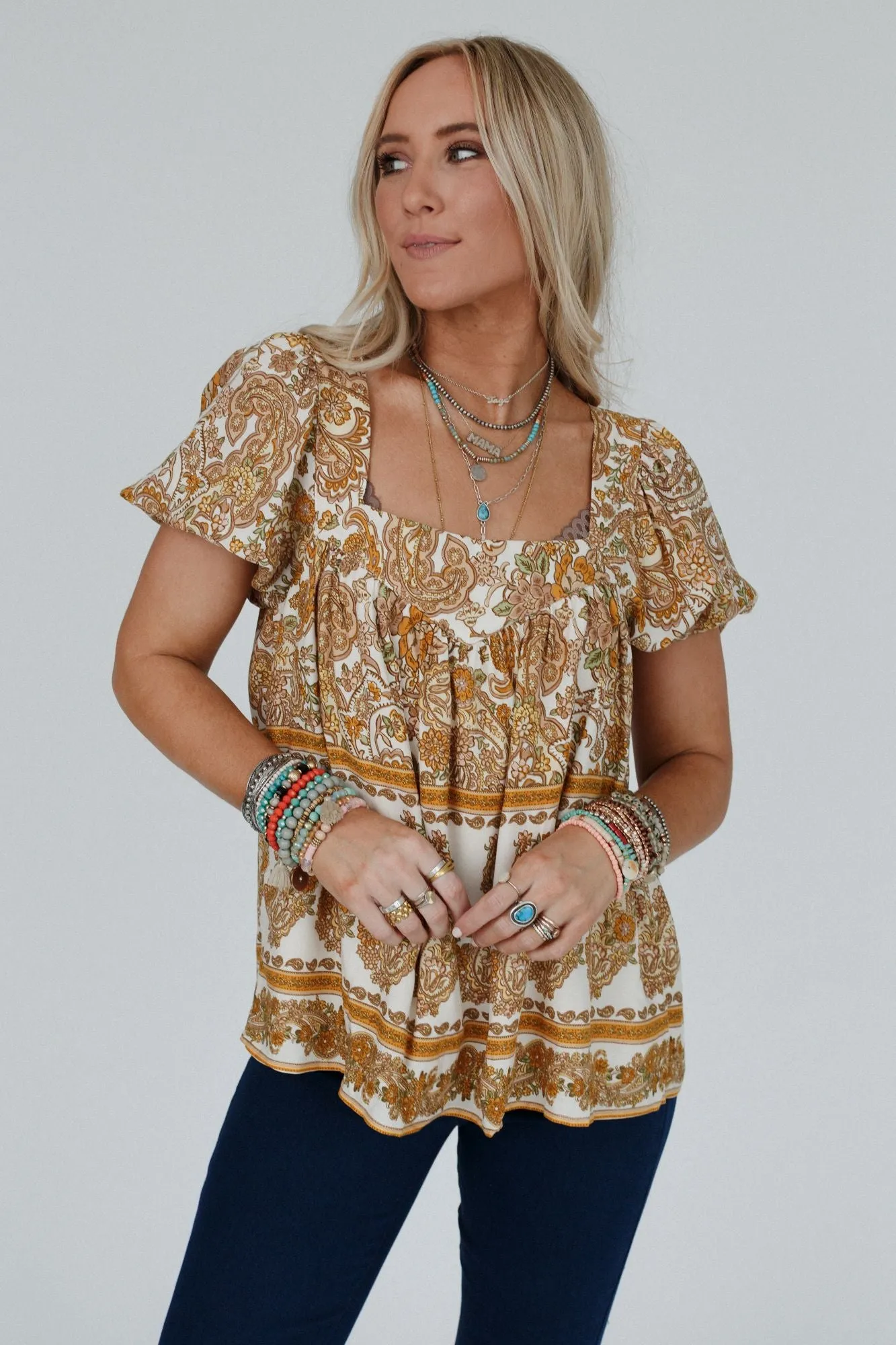 Paisley Rays Puff Sleeve Top - Cream Multi