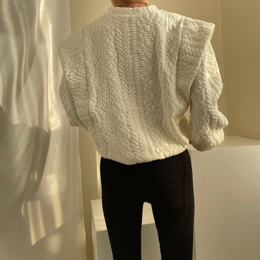 Patterned Scoop Neck Exaggerated Shoulder Sweater