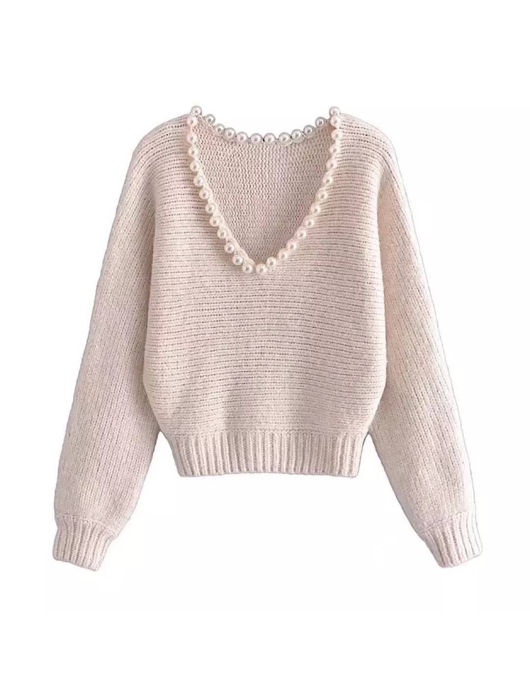 Pearl V Neck Collar Loose Sweater