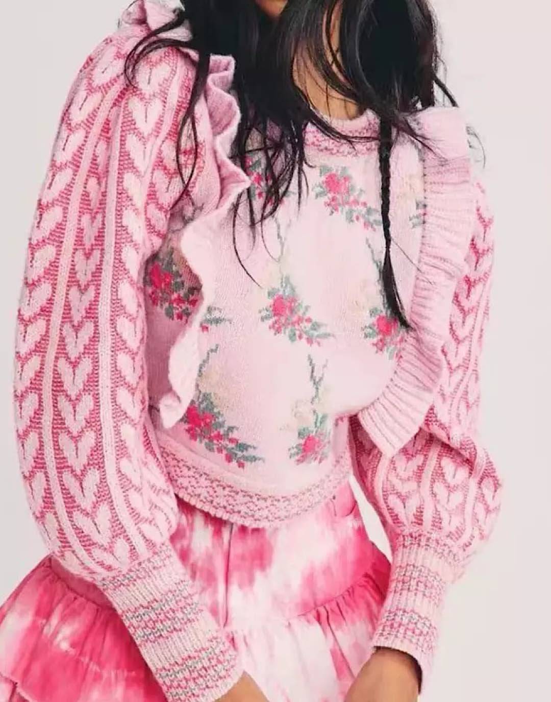 Pink Floral Ruffle Knit Sweater