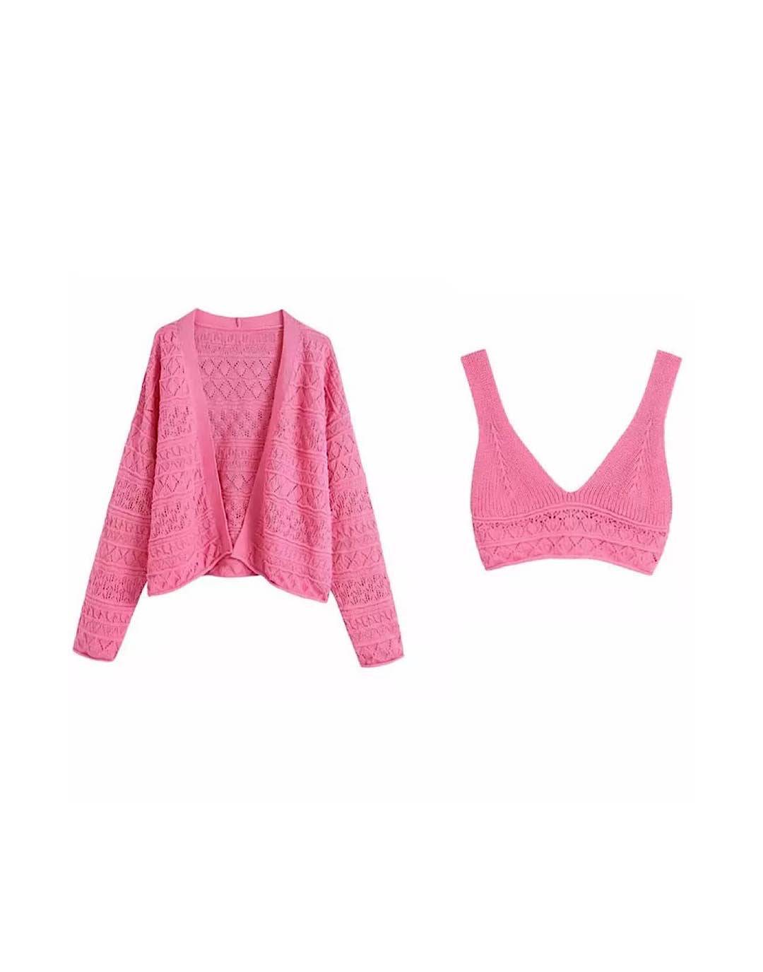 Pink Sweater And Bra Top Knit Set