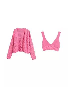 Pink Sweater And Bra Top Knit Set